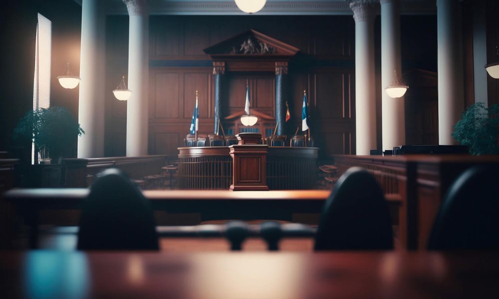 empty courtroom looking towards the judge's bench 