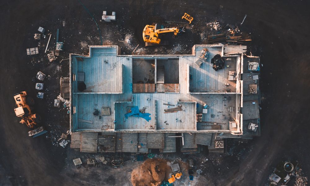 overview of a construction site of a building with no roof