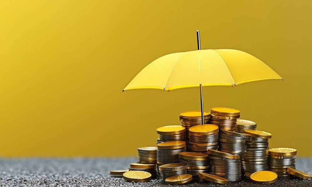 Coins stacked underneath an umbrella