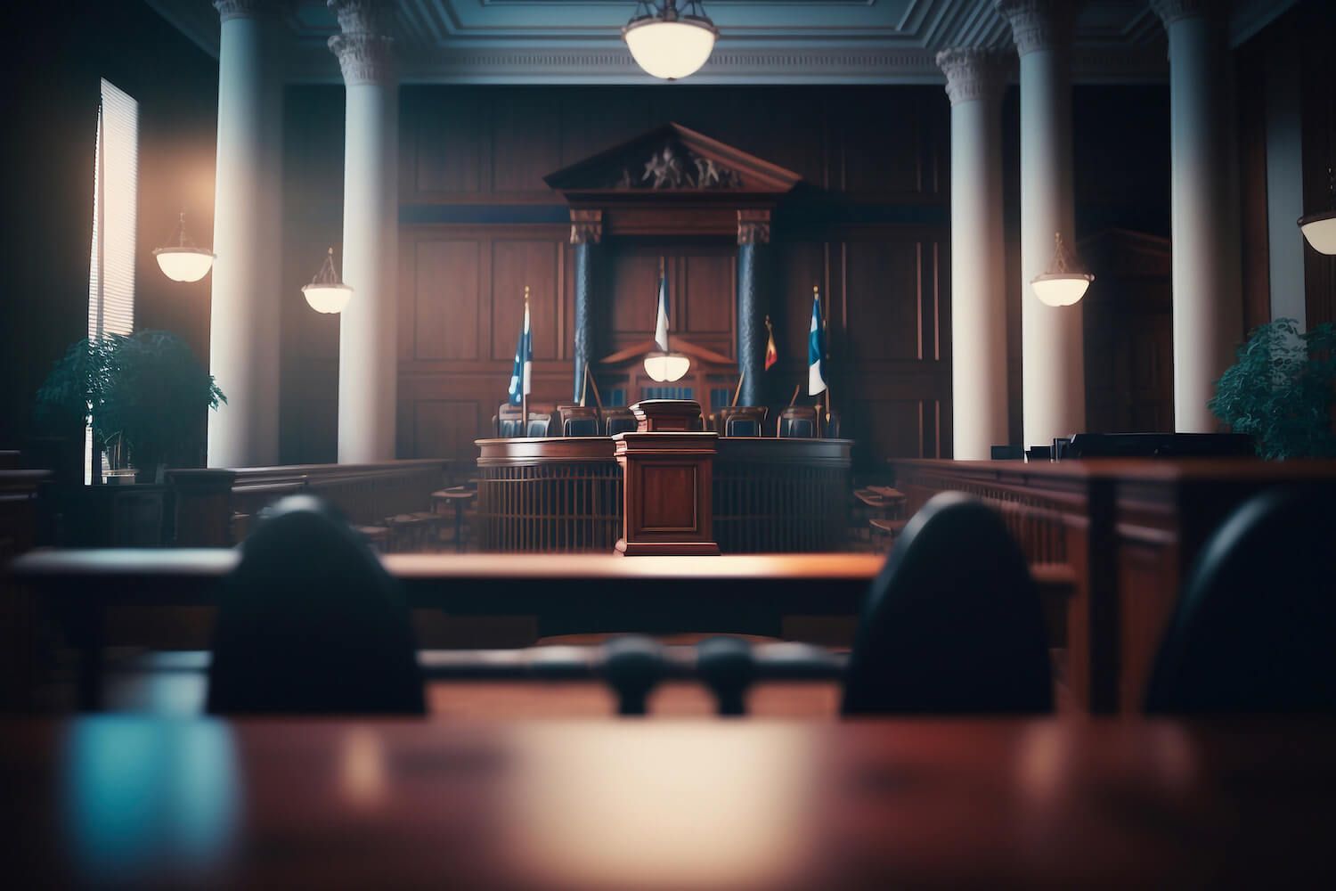 empty courtroom looking towards the judge's bench