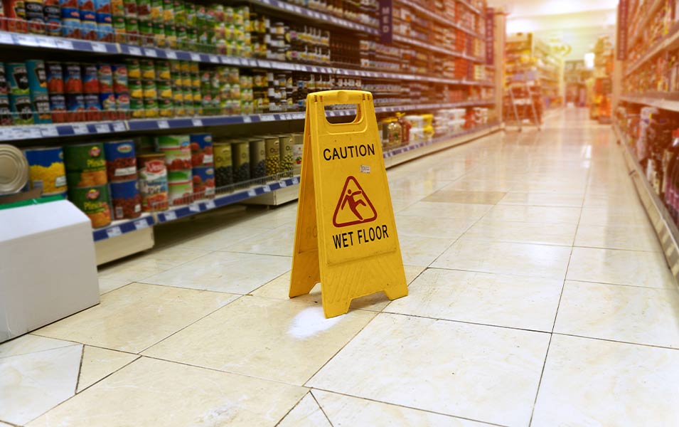 wet floor sign in a grocery store